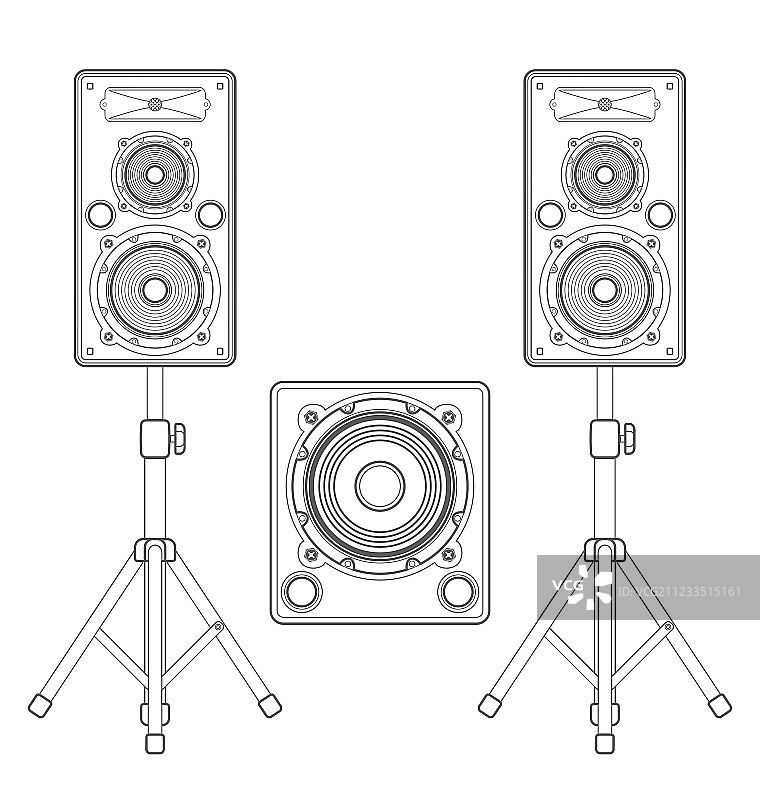 支架上的深色轮廓扬声器和低音炮图片素材