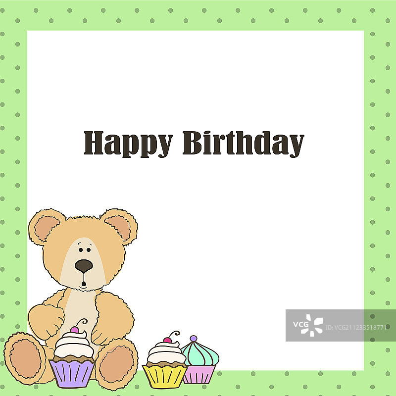 带有纸杯蛋糕的生日快乐卡片泰迪熊图片素材