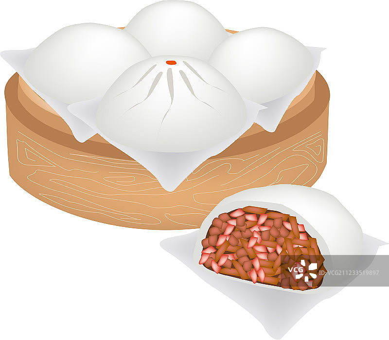 竹笼里的中式猪肉包图片素材