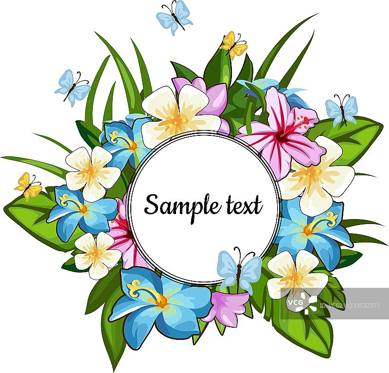 蓝色百合装饰的黑色圆形画框图片素材