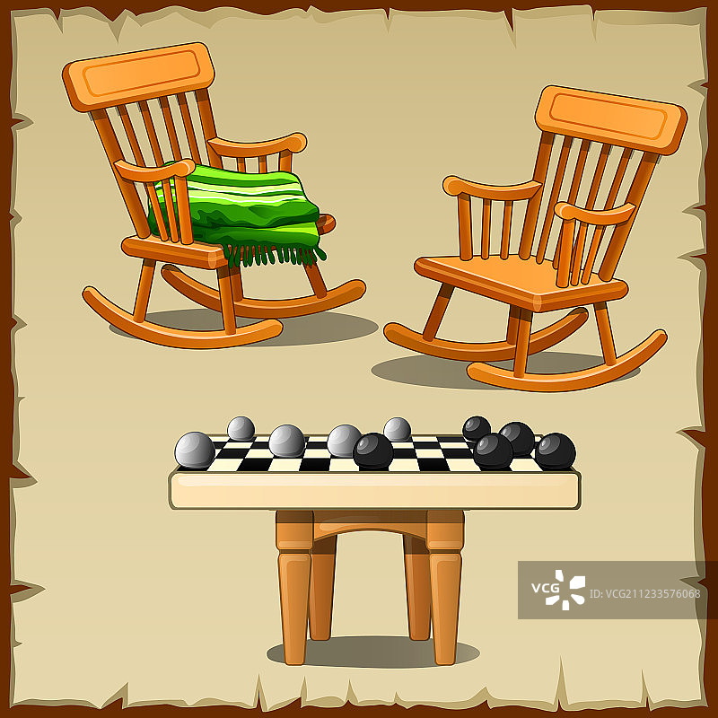 两把摇椅和木凳上的跳棋图片素材