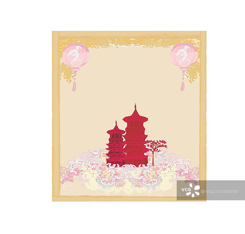 带有亚洲景观和中国风的旧纸张图片素材