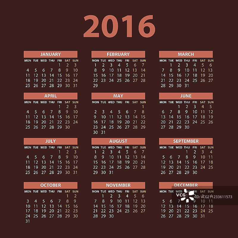 2016年彩色卡片风格日历图片素材