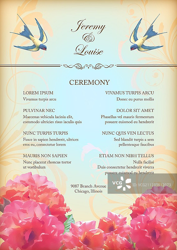 花卉小鸟婚礼派对卡片图片素材