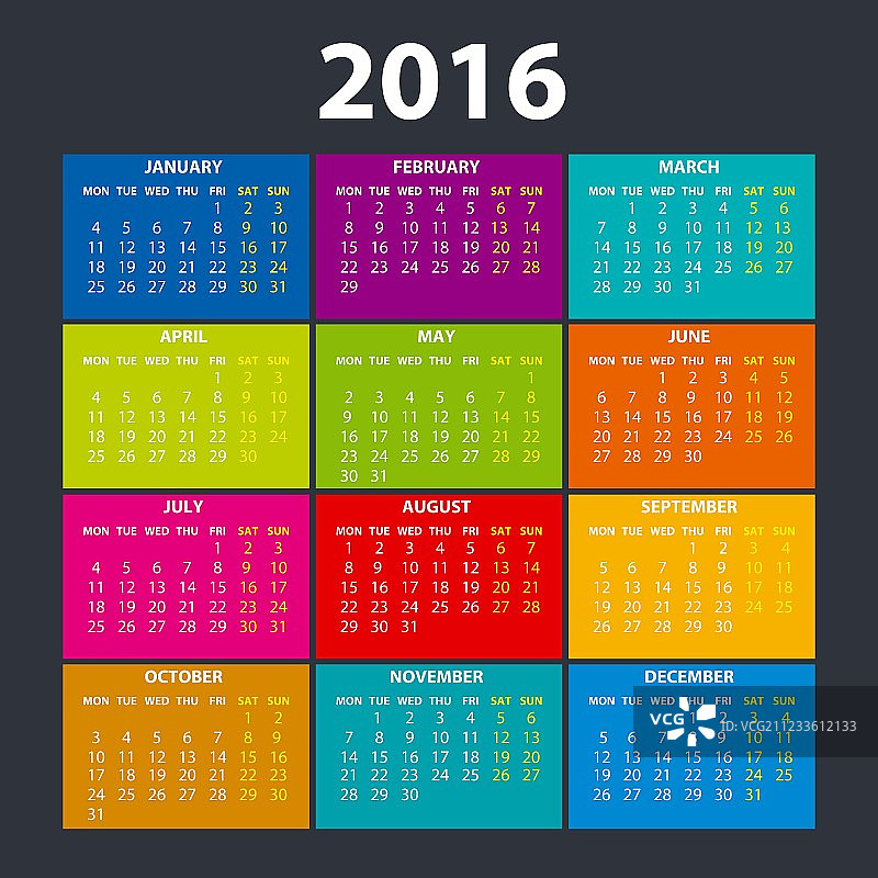 2016年彩色卡片风格日历图片素材