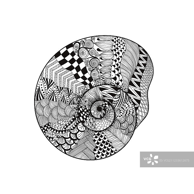 手绘禅绕画风格黑色贝壳图片素材