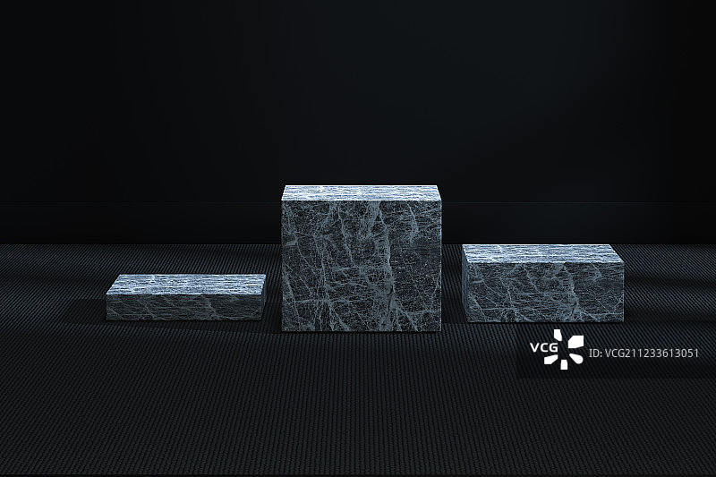 黑暗房间内的大理石方块展台，三维渲染图片素材