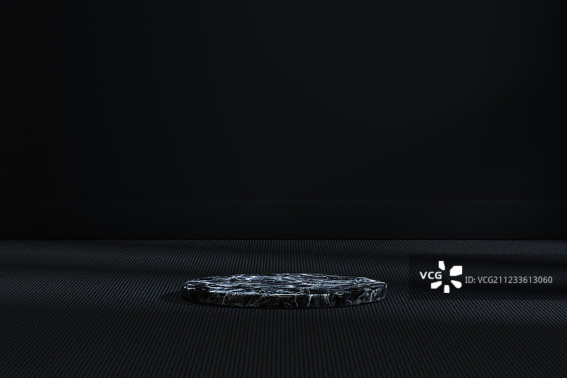 黑暗房间内的圆柱展台，三维渲染图片素材