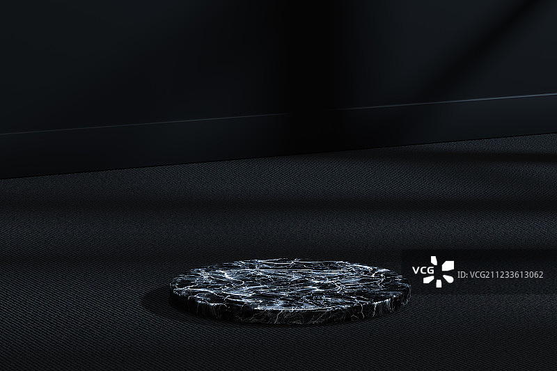 黑暗房间内的圆柱展台，三维渲染图片素材