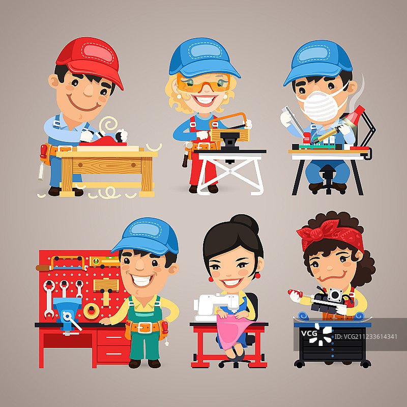 在办公桌工作的卡通工人合集图片素材