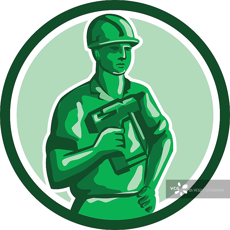 绿色建筑工人与射钉枪复古圆形标志图片素材
