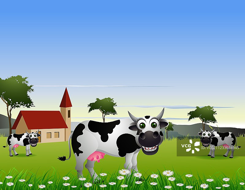 以风景为背景的可爱奶牛卡通形象图片素材