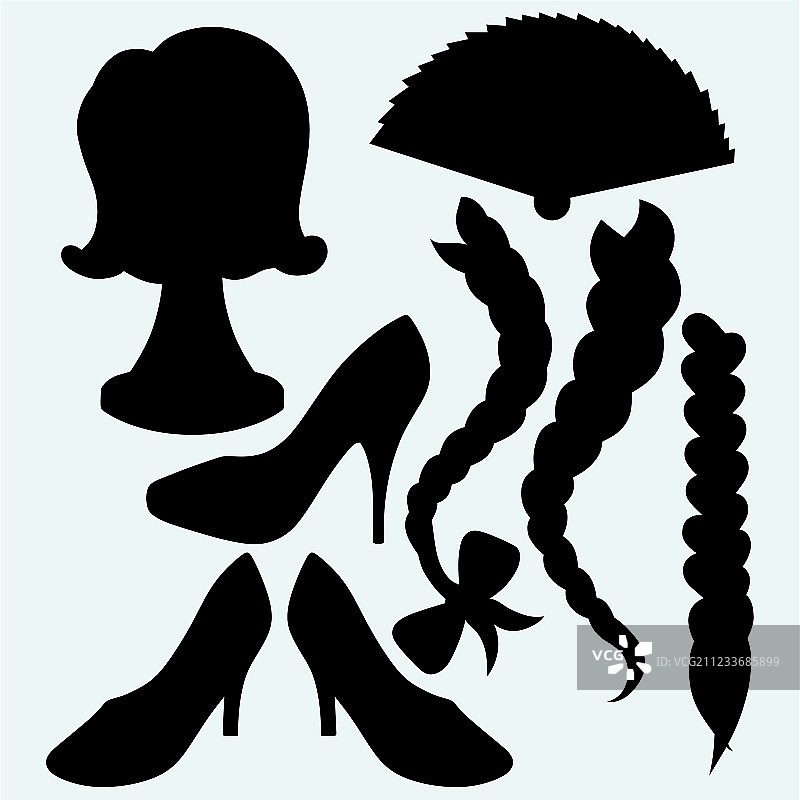 折扇高跟鞋假发和女性发辫图片素材