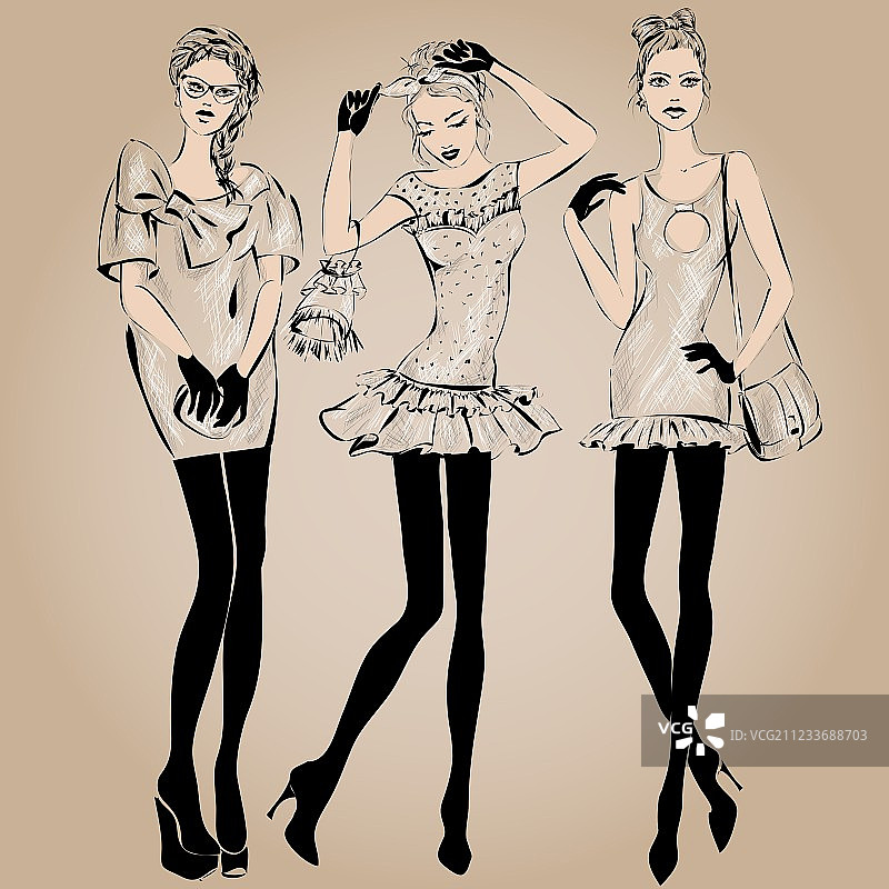 秋冬季时装模特素描图片素材