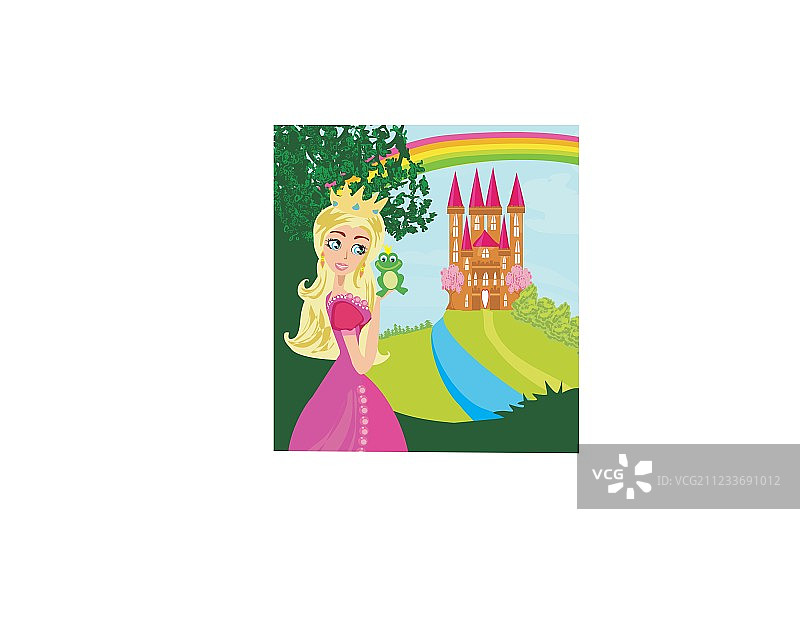 美丽的年轻公主抱着一只大青蛙图片素材