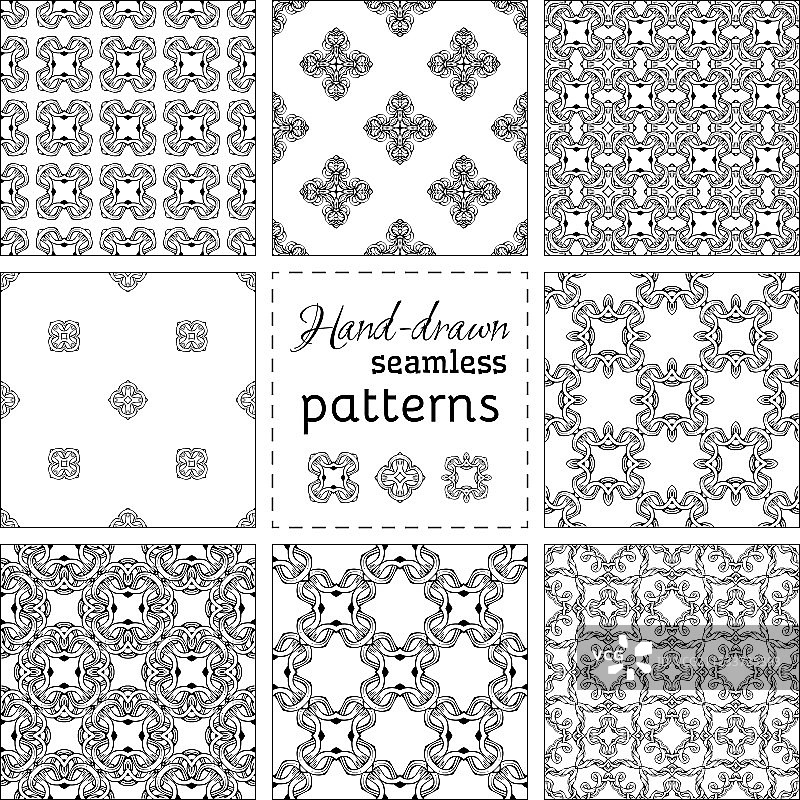 一套九个手绘无缝图案图片素材