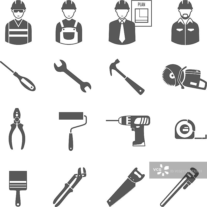 建筑工人工具黑色图标集图片素材