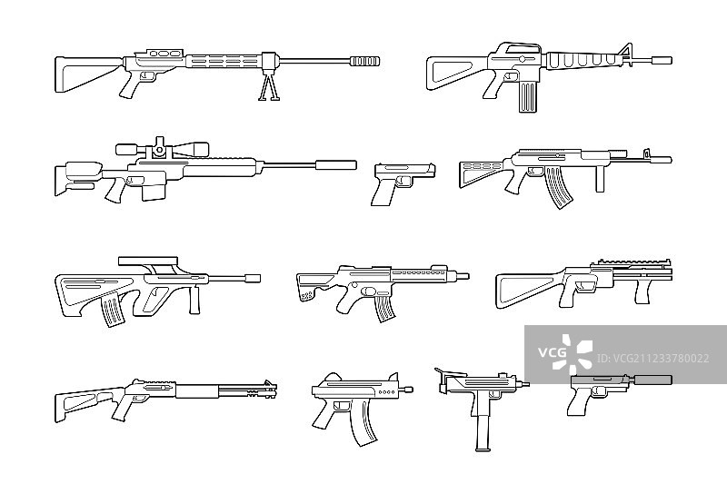 机关枪和手枪线性图标合集图片素材