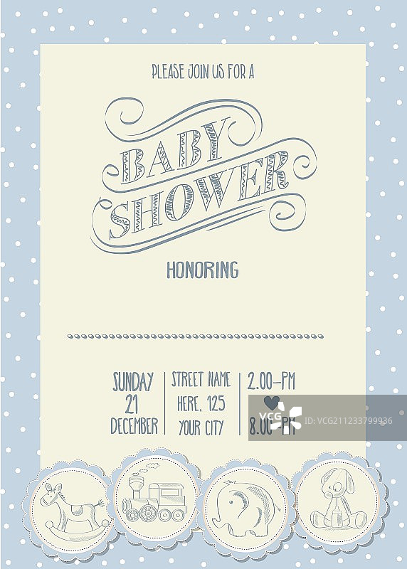 带有复古玩具的男婴迎婴卡图片素材