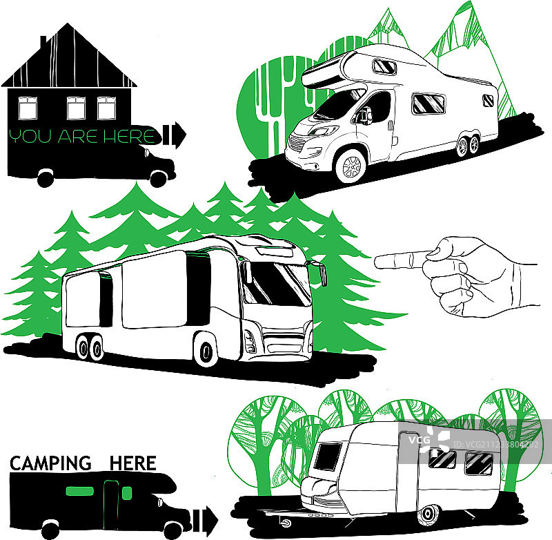不同型号的房车和露营点合集图片素材