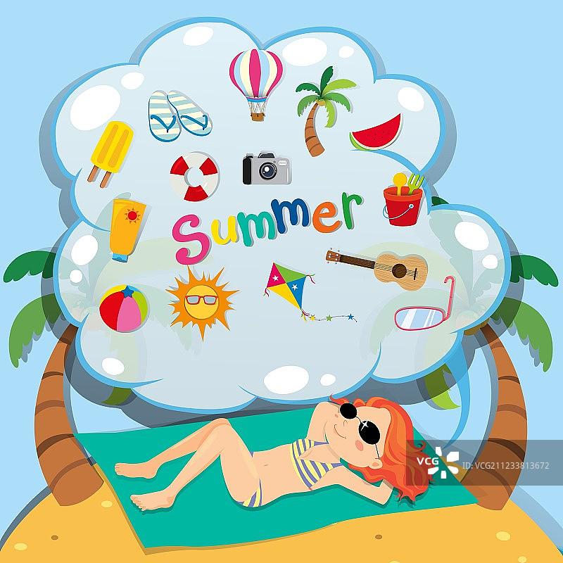 穿比基尼的女孩在海滩上晒日光浴图片素材