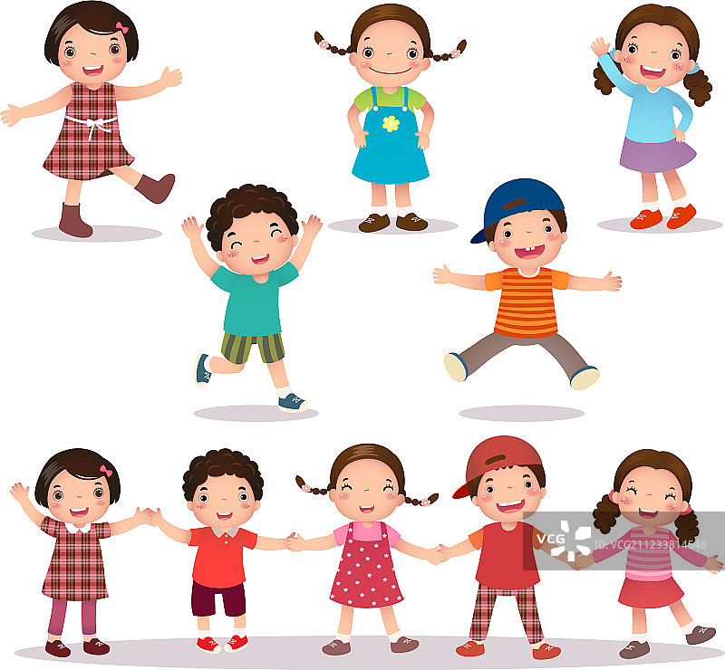 快乐的孩子手拉手跳跃卡通图片素材