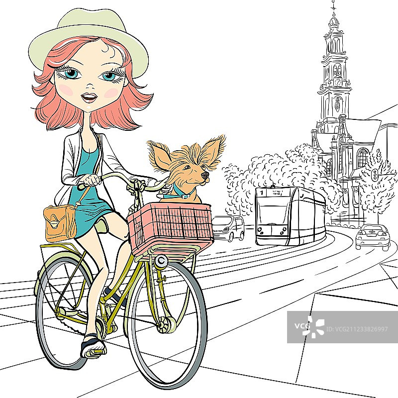 在阿姆斯特丹骑自行车的女孩和狗图片素材