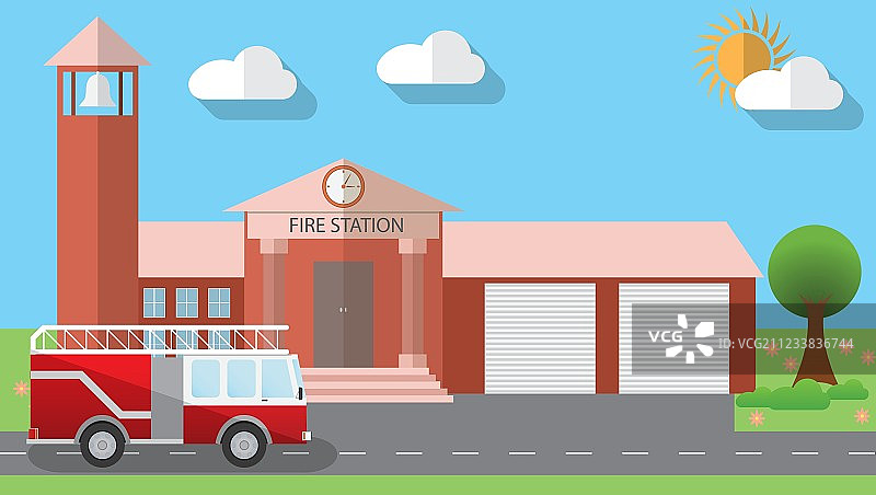 扁平风格消防站建筑与停车图片素材