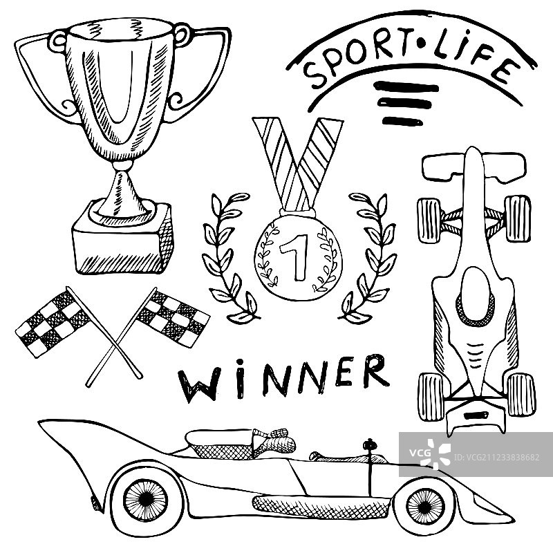 运动汽车用品涂鸦元素手绘套装图片素材