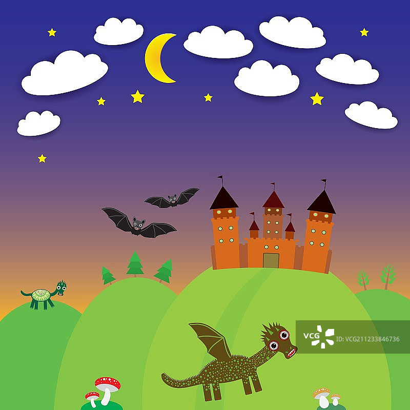 城堡巫师与卡通龙和蝙蝠的风景图片素材