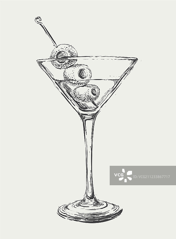 马提尼鸡尾酒与橄榄素描图片素材