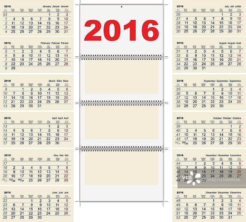 2016年挂墙式季度日历模板图片素材