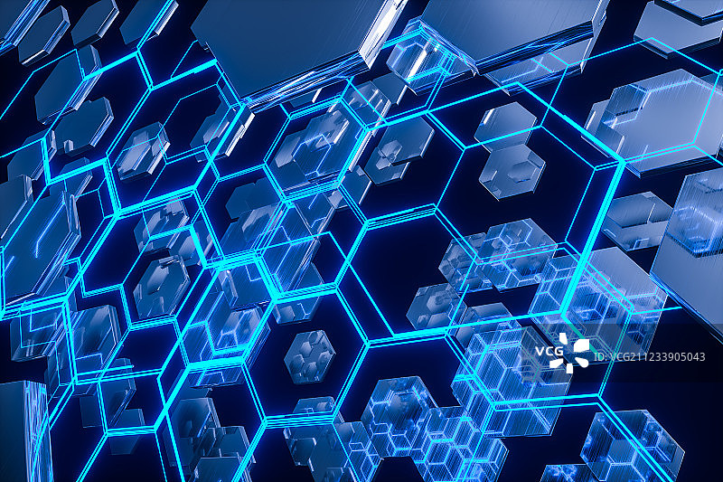蓝色交错的发光线条与六边形结构，三维渲染图片素材