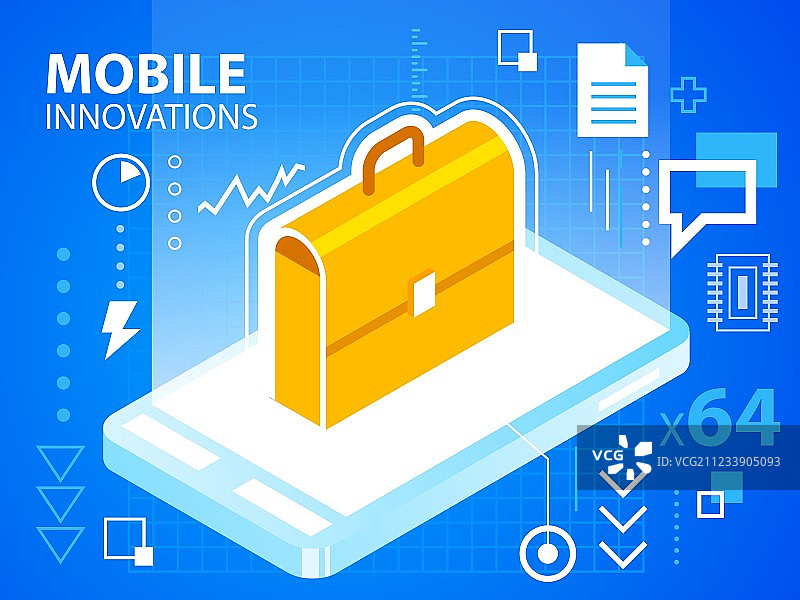 蓝色背景上的明亮手机和工作手提箱图片素材