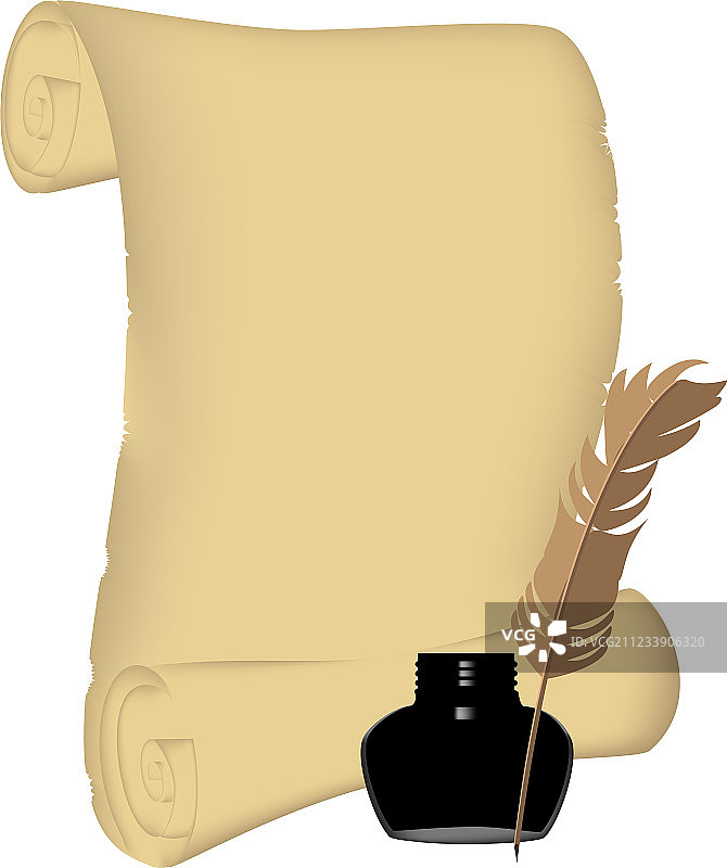 墨水瓶羽毛和卷轴图片素材