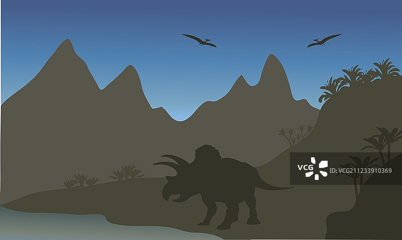 翼龙和三角龙的轮廓剪影图片素材