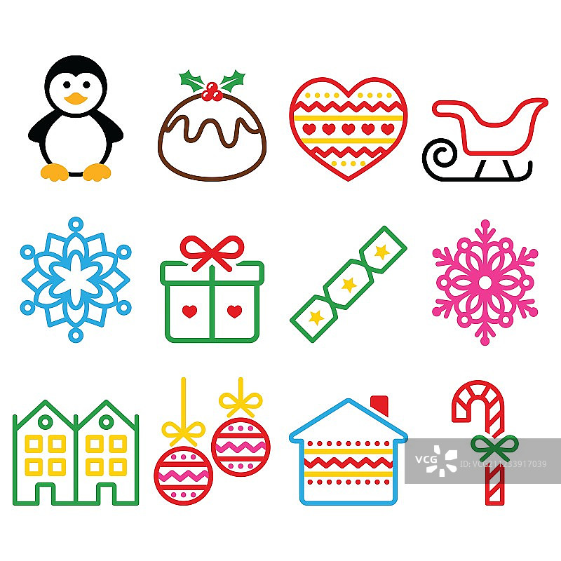 带有描边的圣诞节冬季企鹅图标图片素材