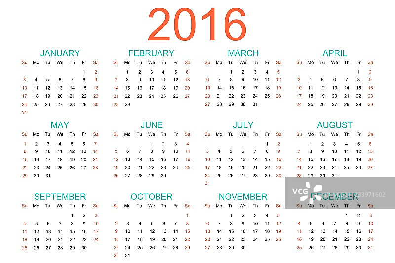 2016年日历，周开始图片素材