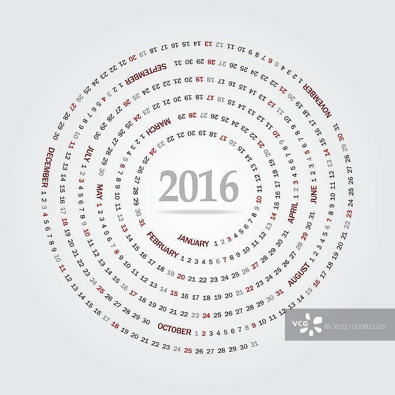 2016年周日开始的圆形日历图片素材