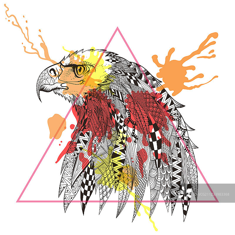 Zentangle风格的老鹰，位于三角形框架中图片素材