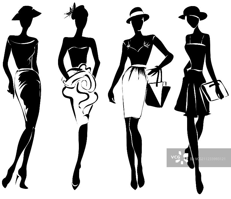 黑白复古时装模特素描图片素材