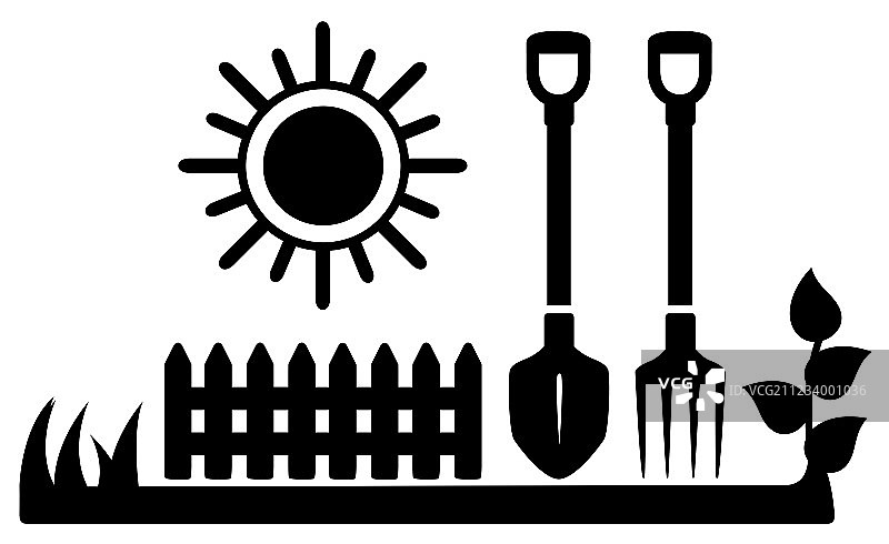 带有太阳和园艺工具的黑色图标图片素材