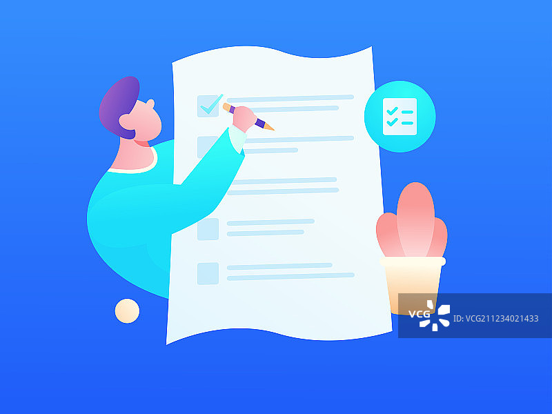 填写问卷报告的男子，矢量扁平概念插画图片素材