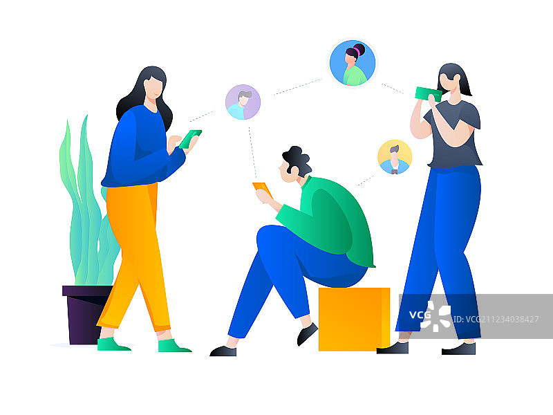 通过手机进行社交活动认识更多的朋友，矢量可编辑概念人物插画图片素材