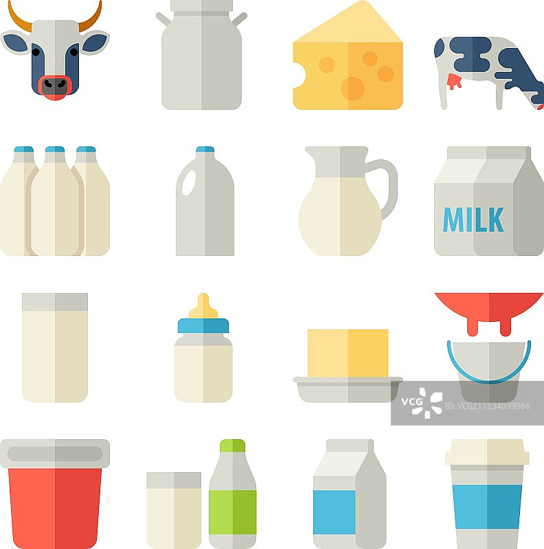 牛奶图标扁平化设计，含奶牛、黄油、奶酪图片素材
