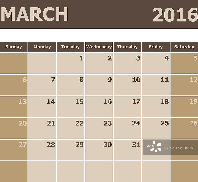 2016年3月日历，从星期日开始图片素材