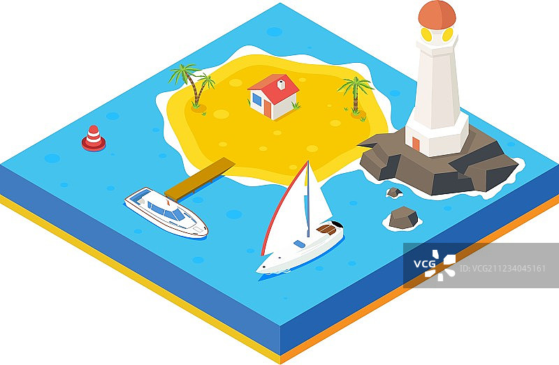 2.5D岛屿与轮船游艇和海洋图片素材