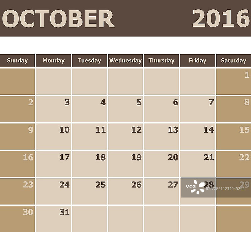 2016年10月日历（周日为起始）图片素材
