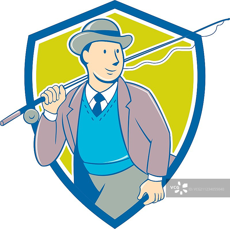 复古飞钓渔夫圆顶礼帽盾牌卡通图片素材