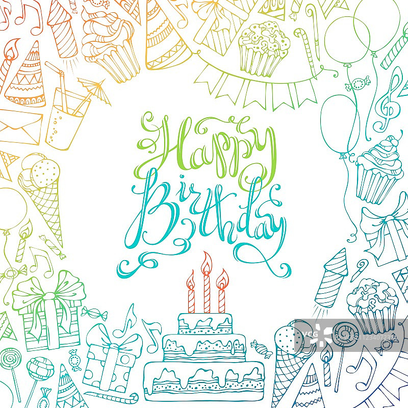 手绘生日快乐方形背景图片素材